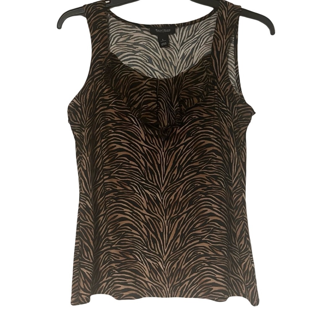 White House Black Market Tiger Print‎ Ruffle Neck Sleeveless Tank Top Women's L